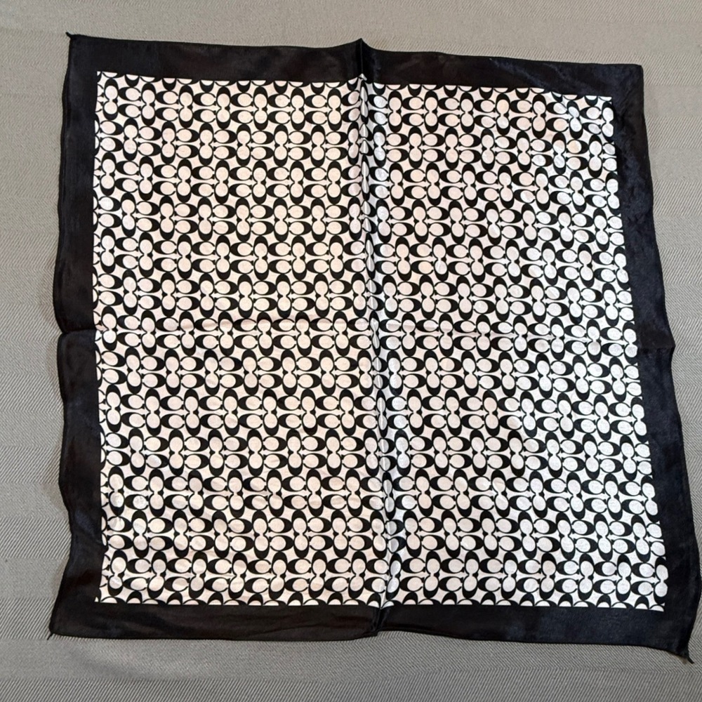 Coach Signature C Monogram Square Silk Scarf Black White Logo Print 20x20 2508